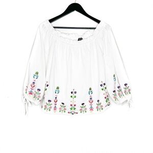 Timing Top Off the Shoulder Floral Embroidered Tie Sleeve White